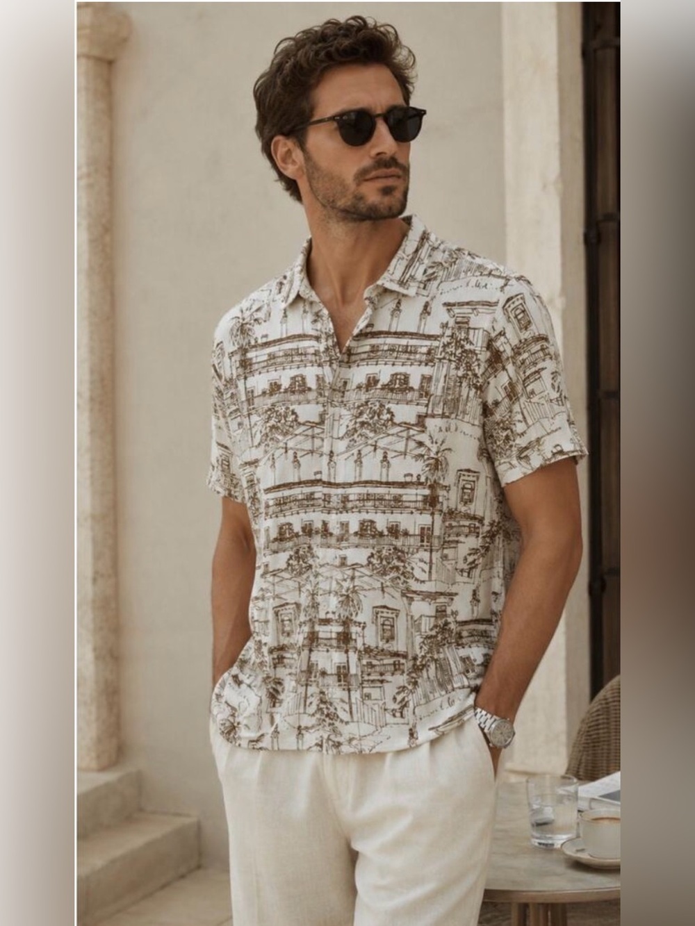 Folk 100% Cotton White and Brown Patterned Button Up size Large
